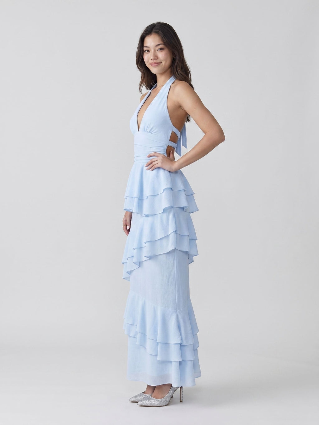 Sky Blue Stretch Knit Sheath V-Neck Back Zip Ankle-Length Evening Dress
