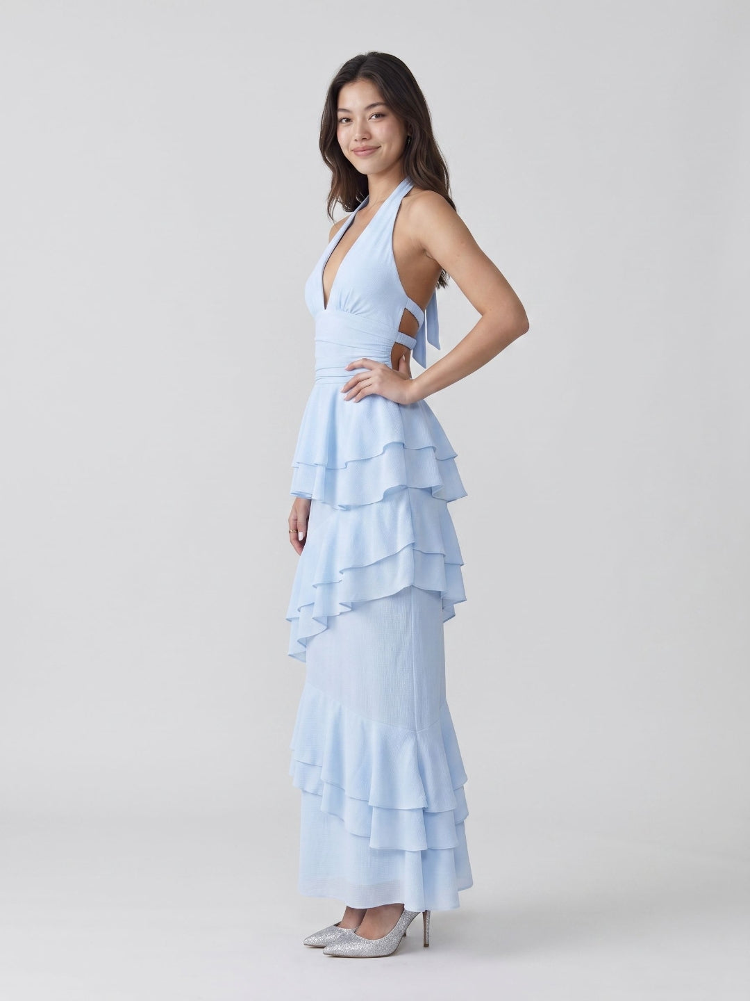Sky Blue Stretch Knit Sheath V-Neck Back Zip Ankle-Length Evening Dress