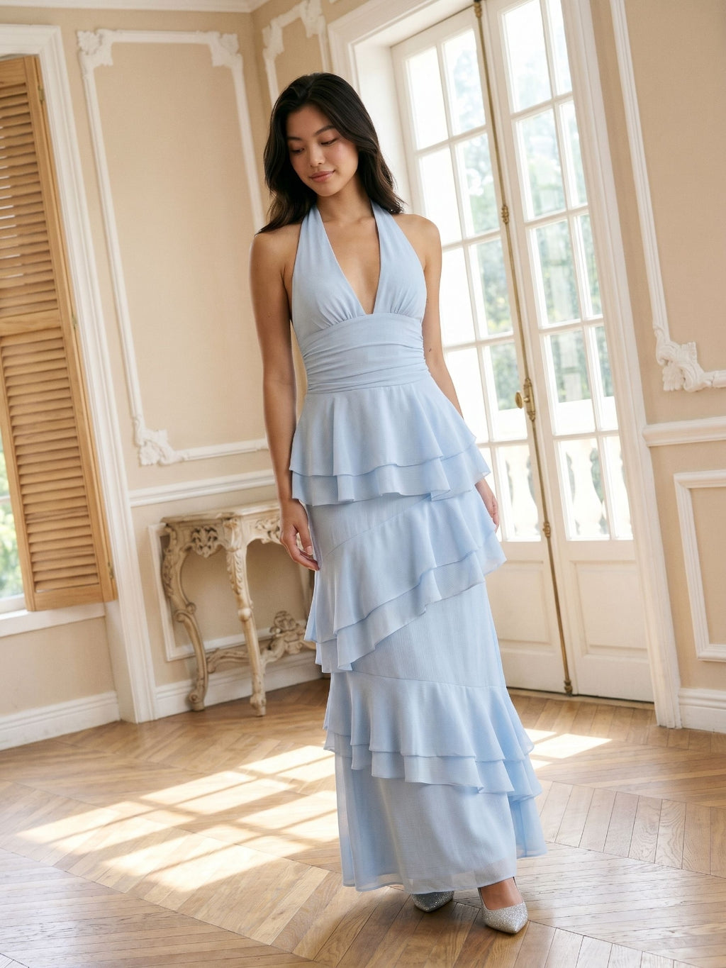 Sky Blue Stretch Knit Sheath V-Neck Back Zip Ankle-Length Evening Dress