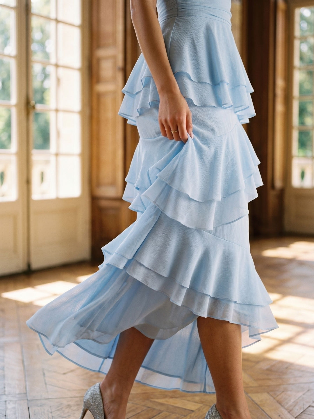 Sky Blue Stretch Knit Sheath V-Neck Back Zip Ankle-Length Evening Dress