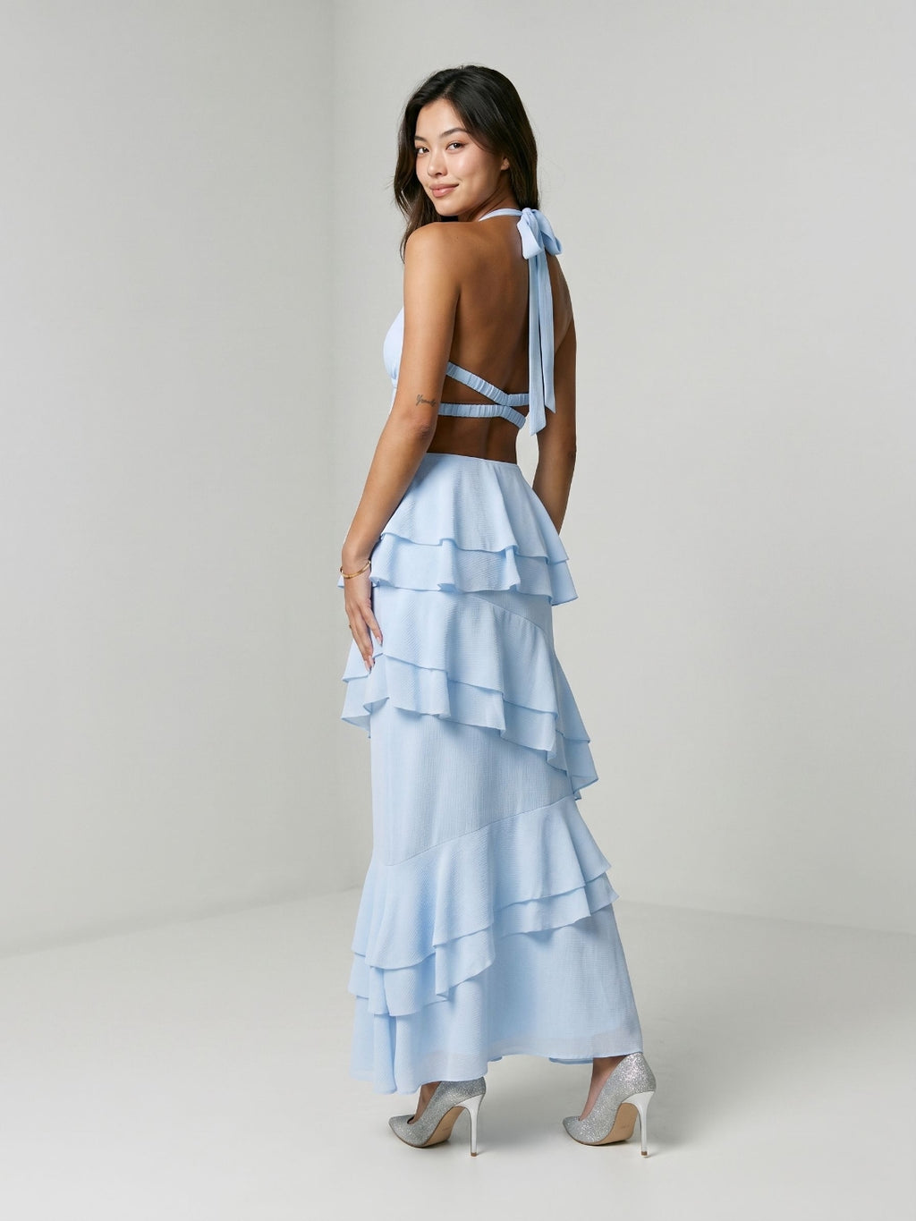 Sky Blue Stretch Knit Sheath V-Neck Back Zip Ankle-Length Evening Dress