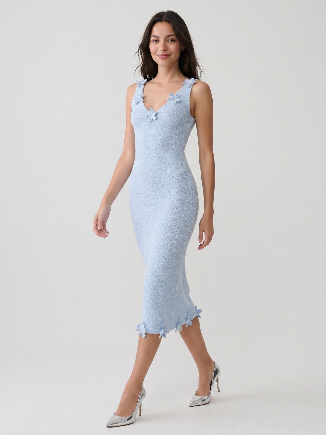 Sky Blue Stretch Knit Sheath V-Neck Tea-Length Dress