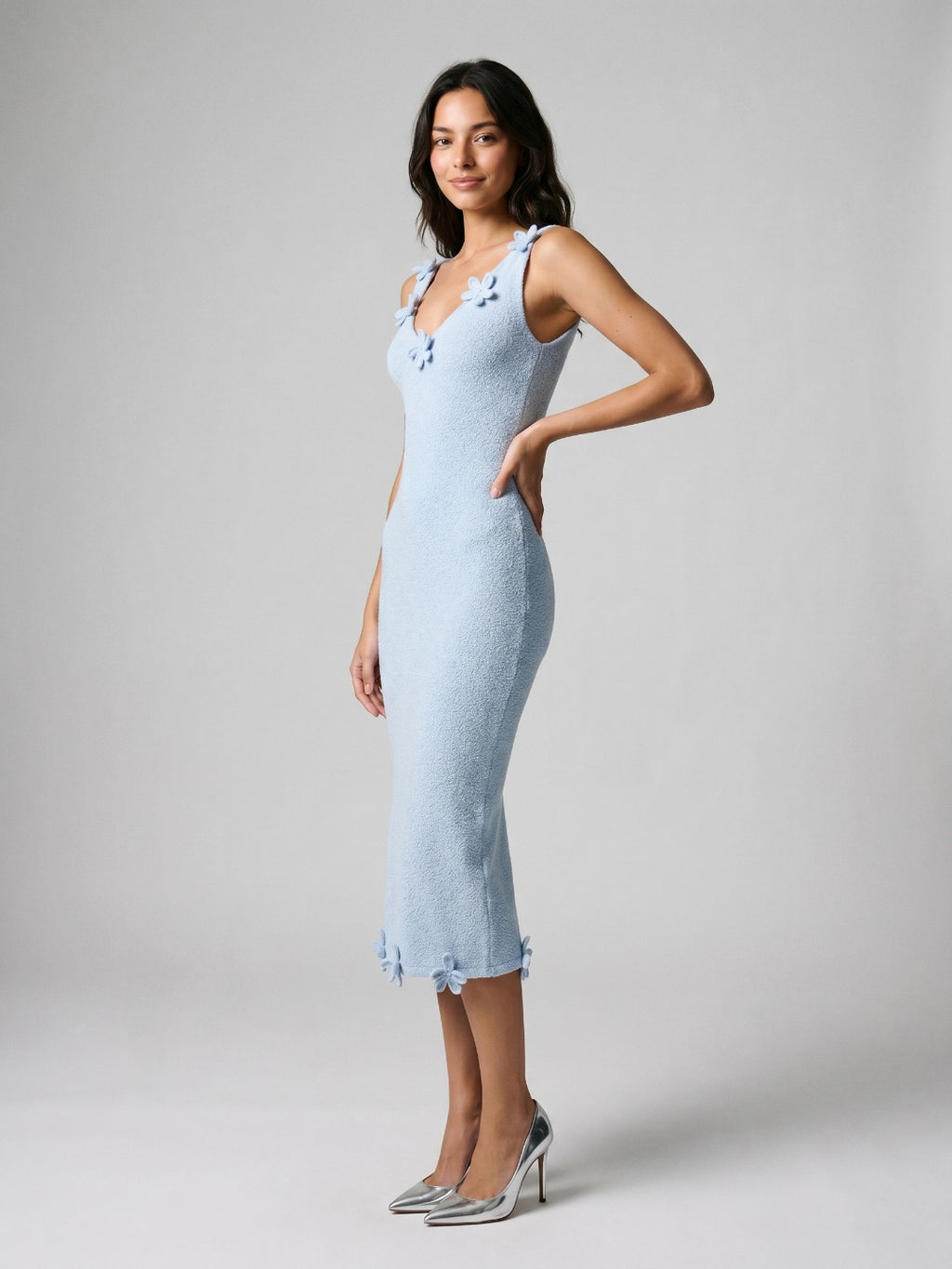 Sky Blue Stretch Knit Sheath V-Neck Tea-Length Dress