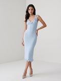 Sky Blue Stretch Knit Sheath V-Neck Tea-Length Dress