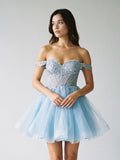Sky Blue Tulle A-Line Off-the-Shoulder Criss-Cross Straps Short Dress with Sequins