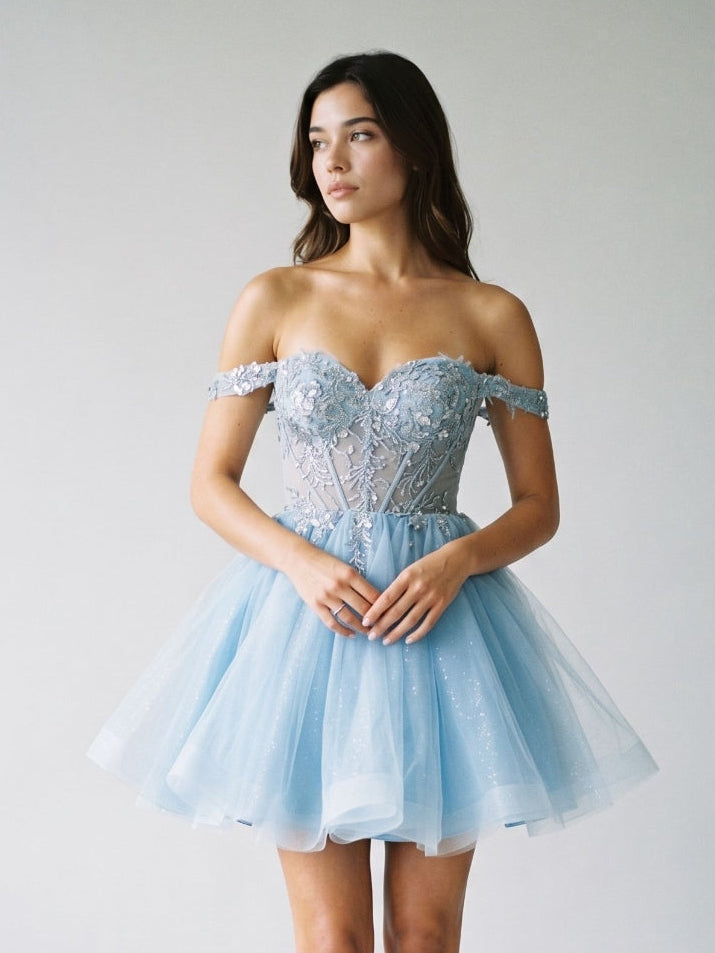 Sky Blue Tulle A-Line Off-the-Shoulder Criss-Cross Straps Short Dress with Sequins