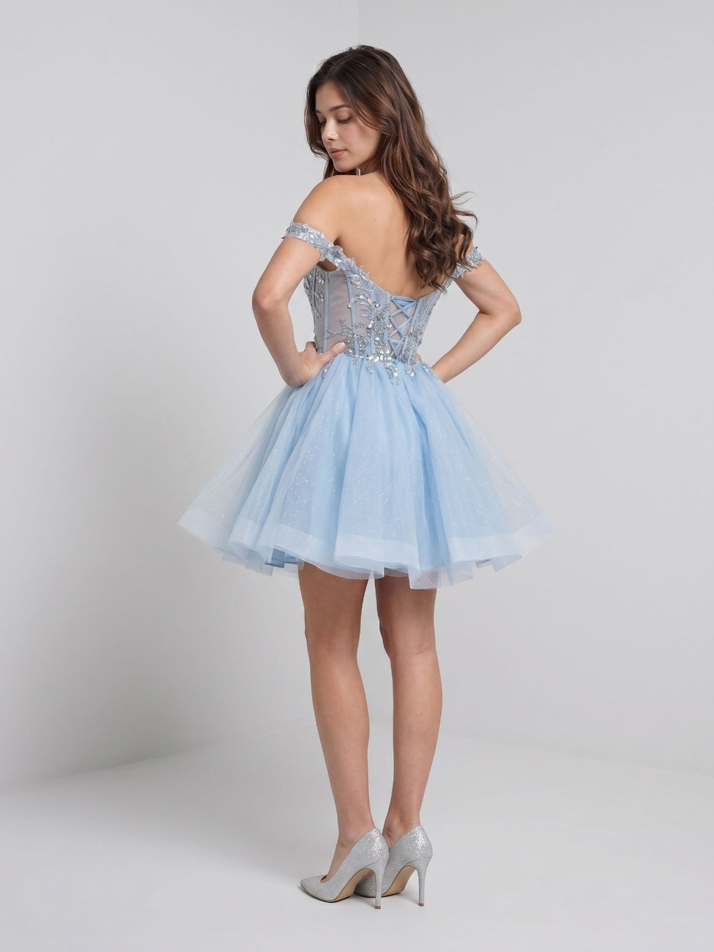 Sky Blue Tulle A-Line Off-the-Shoulder Criss-Cross Straps Short Dress with Sequins