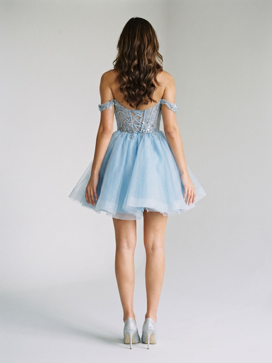 Sky Blue Tulle A-Line Off-the-Shoulder Criss-Cross Straps Short Dress with Sequins