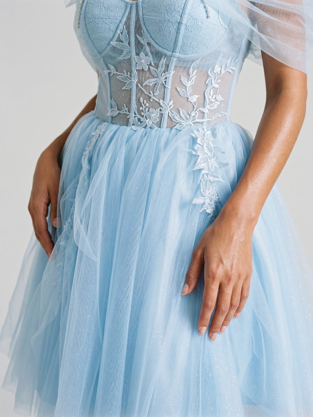 Sky Blue Tulle A-Line Off-the-Shoulder Criss-Cross Straps Short Homecoming Dress with Floral Trim