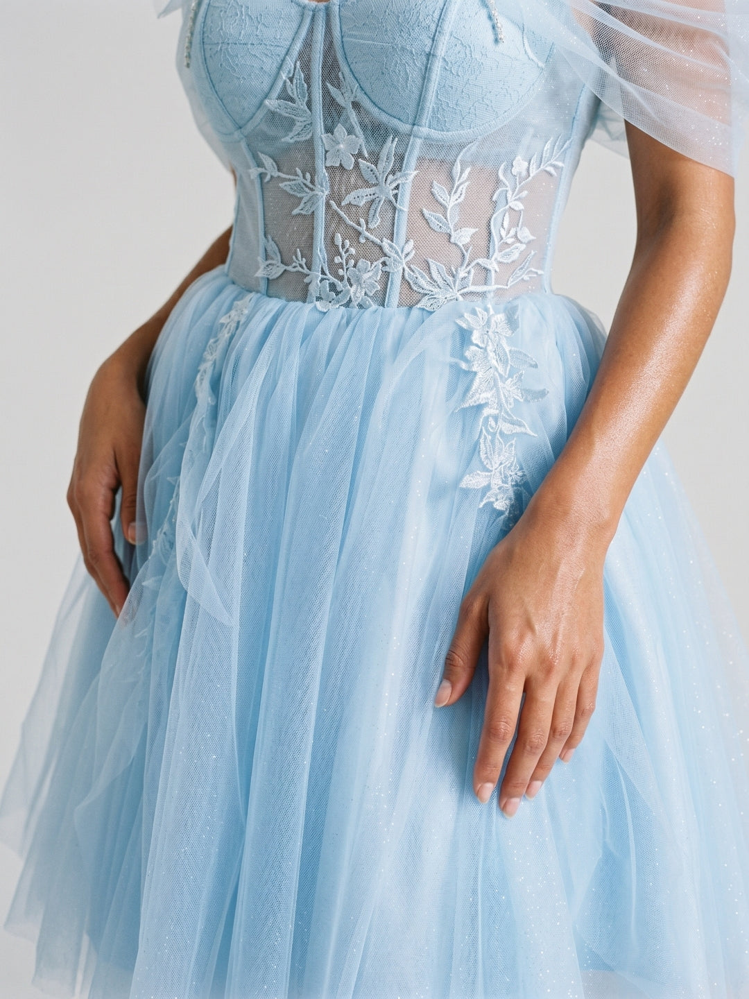 Sky Blue Tulle A-Line Off-the-Shoulder Criss-Cross Straps Short Homecoming Dress with Floral Trim