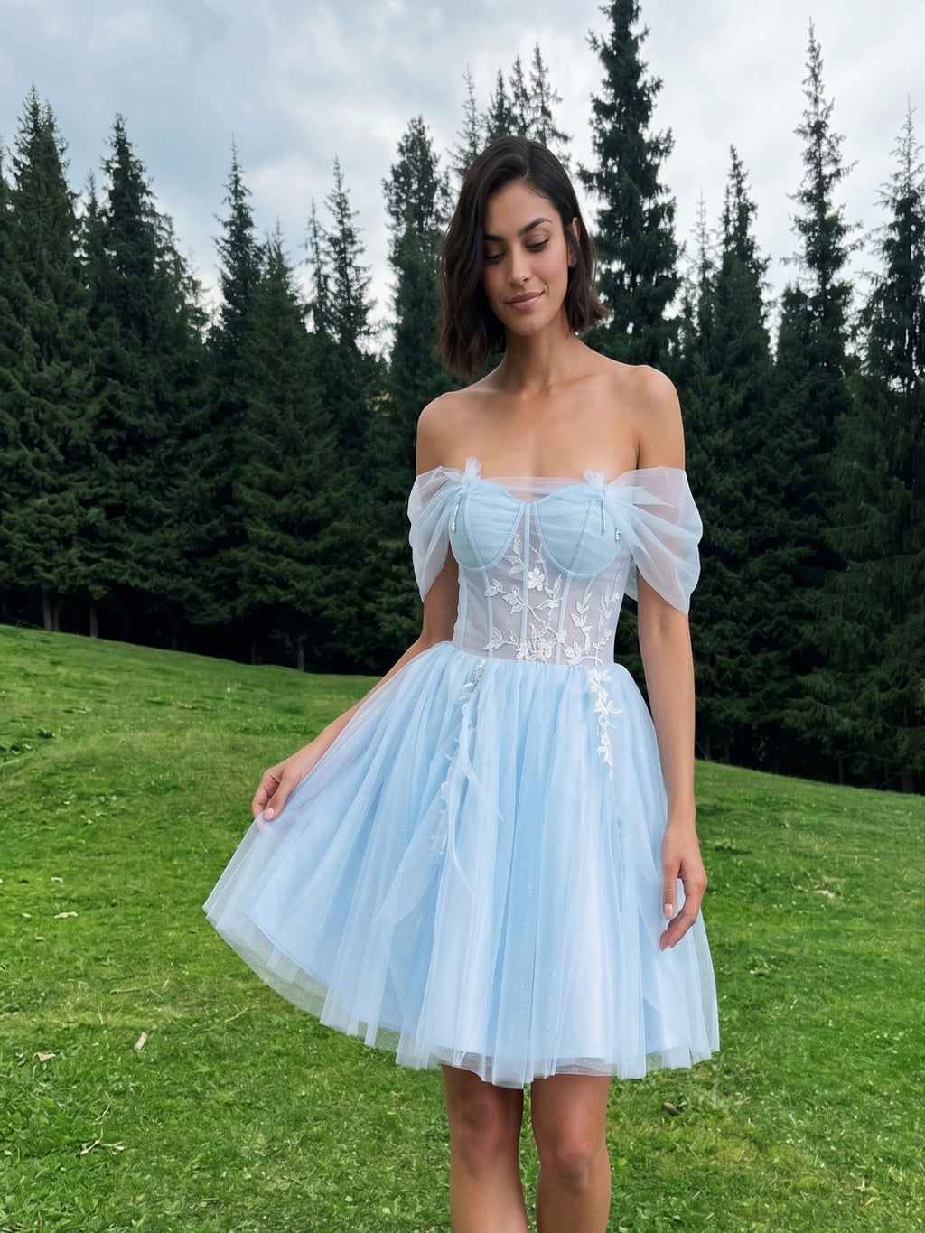 Sky Blue Tulle A-Line Off-the-Shoulder Criss-Cross Straps Short Homecoming Dress with Floral Trim