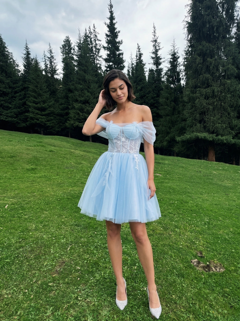 Sky Blue Tulle A-Line Off-the-Shoulder Criss-Cross Straps Short Homecoming Dress with Floral Trim