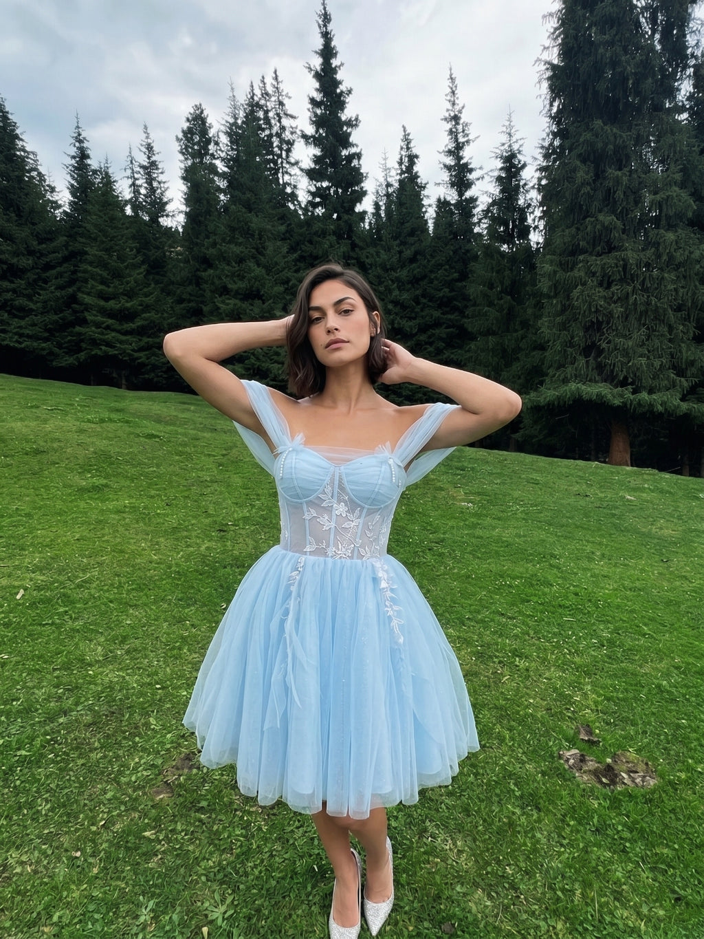 Sky Blue Tulle A-Line Off-the-Shoulder Criss-Cross Straps Short Homecoming Dress with Floral Trim