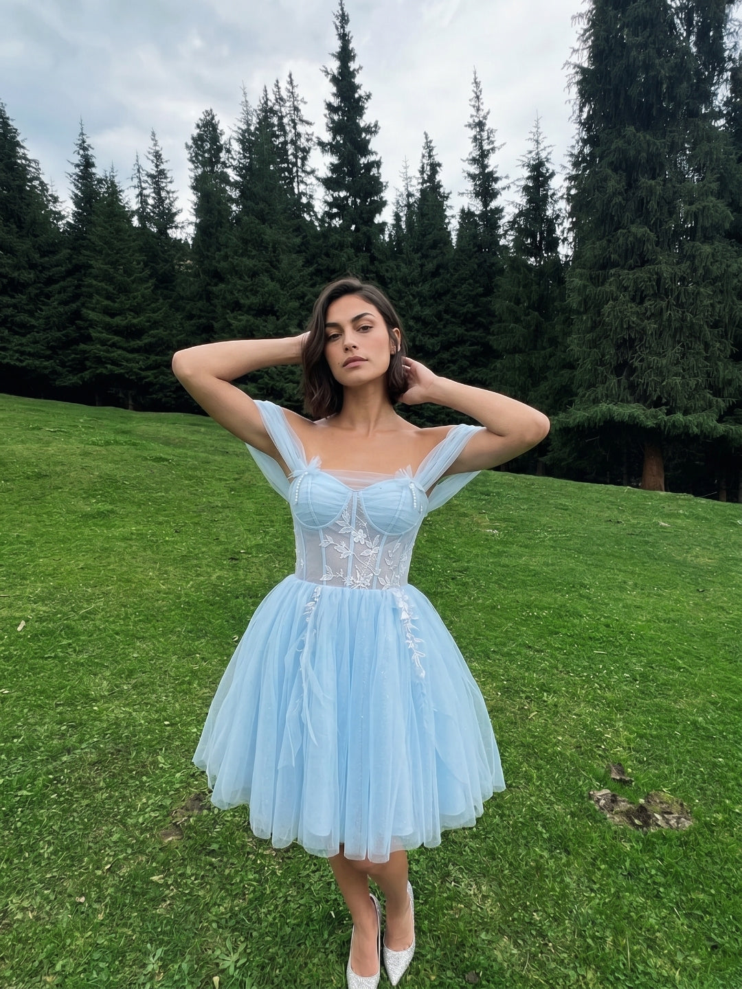 Sky Blue Tulle A-Line Off-the-Shoulder Criss-Cross Straps Short Homecoming Dress with Floral Trim
