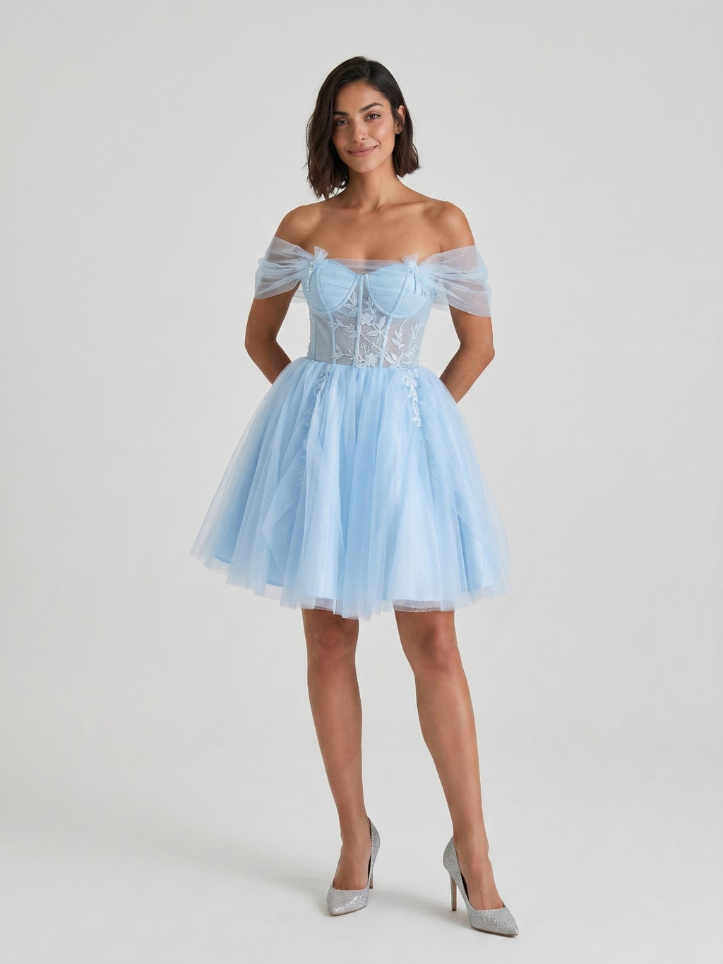 Sky Blue Tulle A-Line Off-the-Shoulder Criss-Cross Straps Short Homecoming Dress with Floral Trim