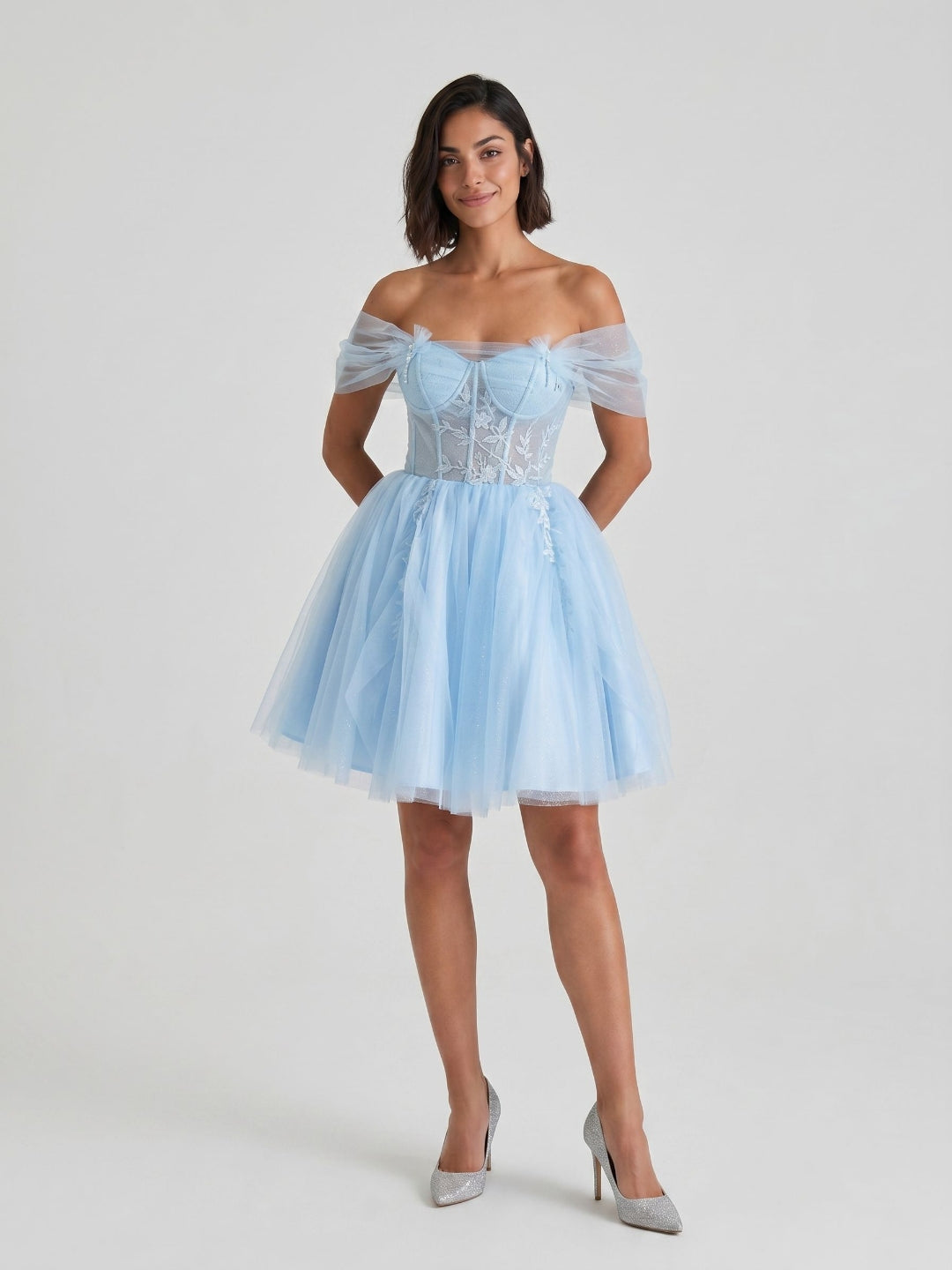 Sky Blue Tulle A-Line Off-the-Shoulder Criss-Cross Straps Short Homecoming Dress with Floral Trim