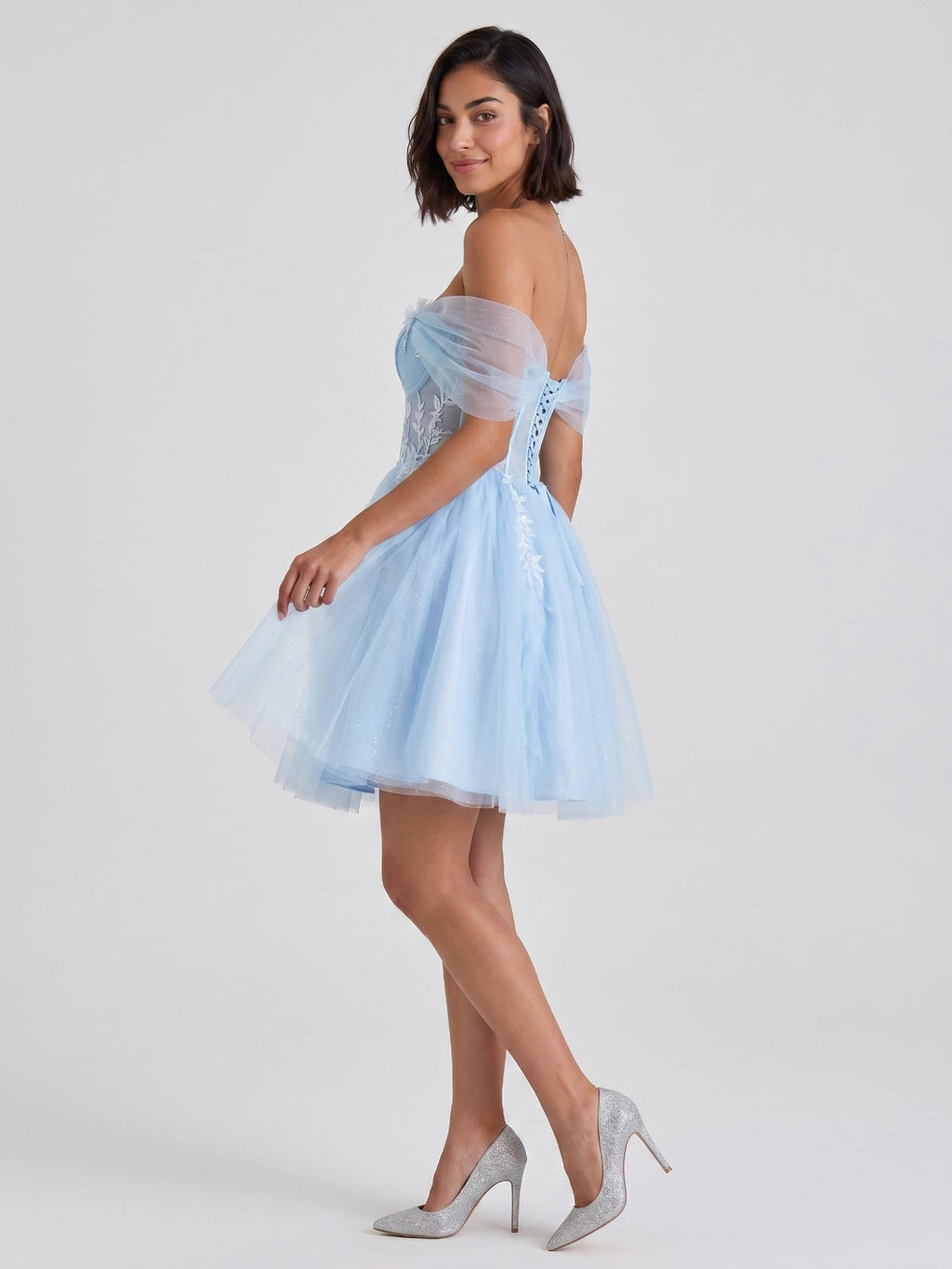 Sky Blue Tulle A-Line Off-the-Shoulder Criss-Cross Straps Short Homecoming Dress with Floral Trim
