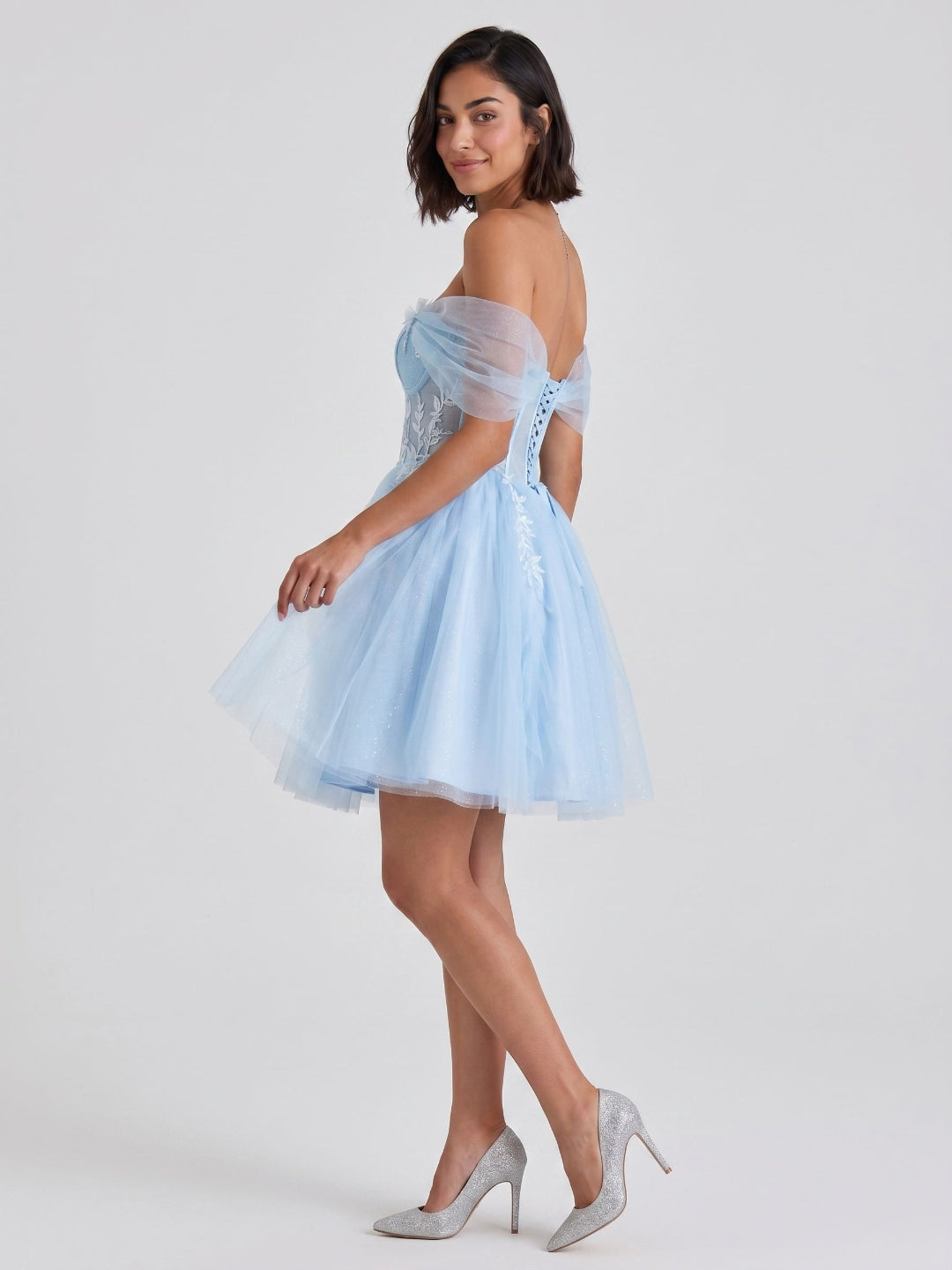 Sky Blue Tulle A-Line Off-the-Shoulder Criss-Cross Straps Short Homecoming Dress with Floral Trim