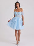 Sky Blue Tulle A-Line Off-the-Shoulder Criss-Cross Straps Short Homecoming Dress with Floral Trim