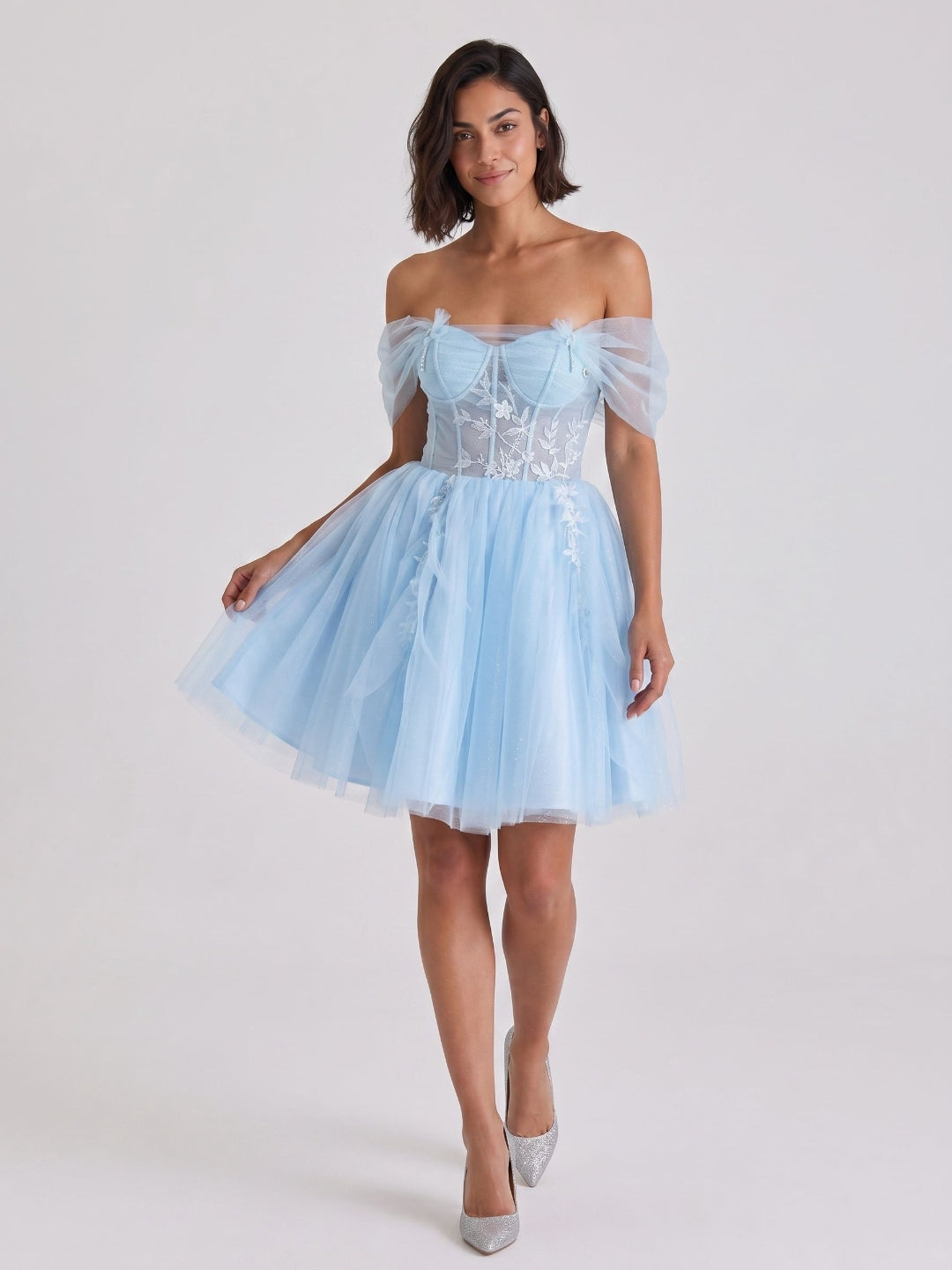 Sky Blue Tulle A-Line Off-the-Shoulder Criss-Cross Straps Short Homecoming Dress with Floral Trim
