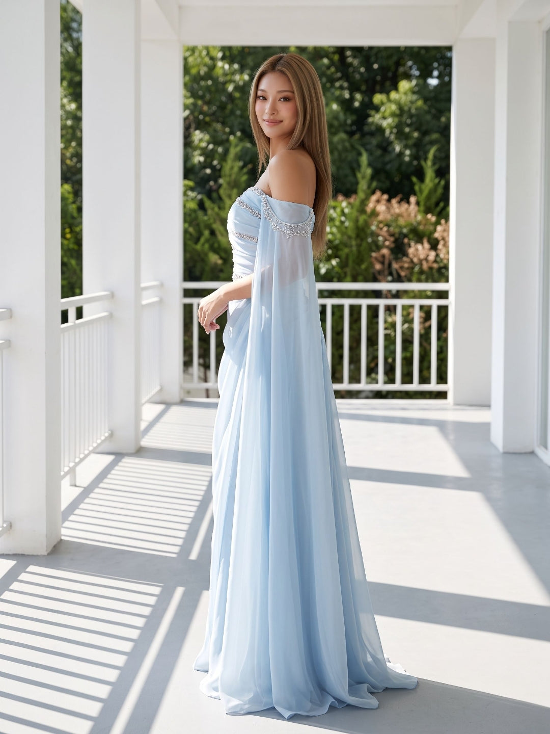Sky Blue Tulle A-Line Straight Neck Lace-up Floor-Length Dress