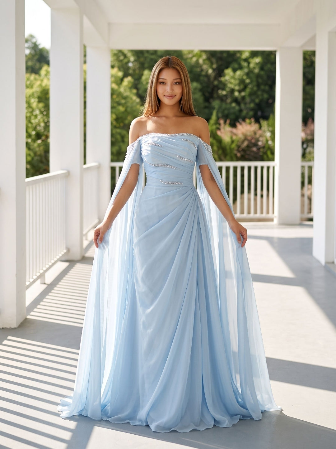 Sky Blue Tulle A-Line Straight Neck Lace-up Floor-Length Dress