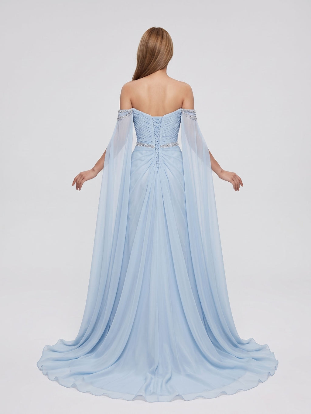 Sky Blue Tulle A-Line Straight Neck Lace-up Floor-Length Dress