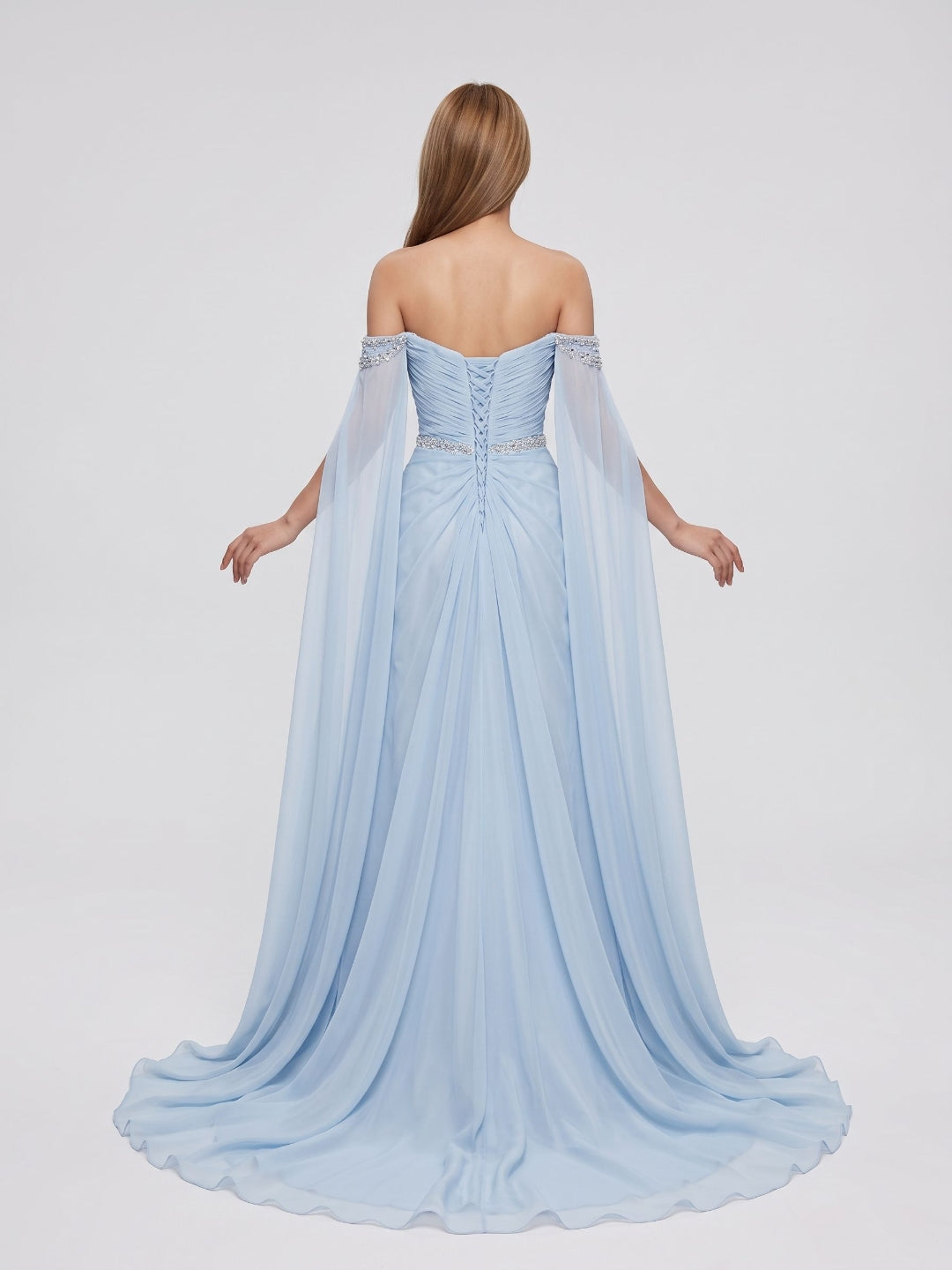 Sky Blue Tulle A-Line Straight Neck Lace-up Floor-Length Dress