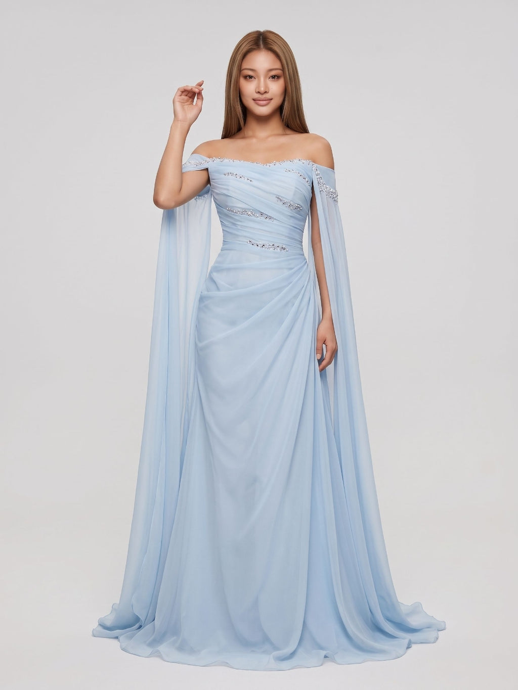 Sky Blue Tulle A-Line Straight Neck Lace-up Floor-Length Dress