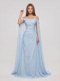 Sky Blue Tulle A-Line Straight Neck Lace-up Floor-Length Dress