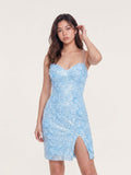 Sky Blue Tulle Sheath Sweetheart Mini Homecoming Dress with 3D Flowers