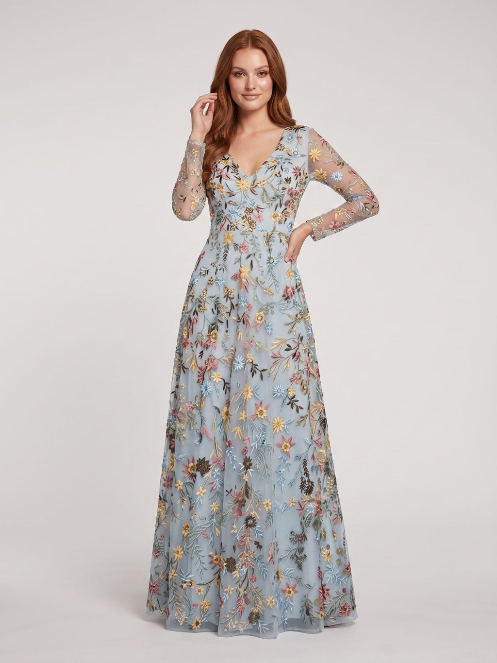 Mauve Mesh with Floral Embroidery A-Line V-Neck Zipper Back Floor Length Dress