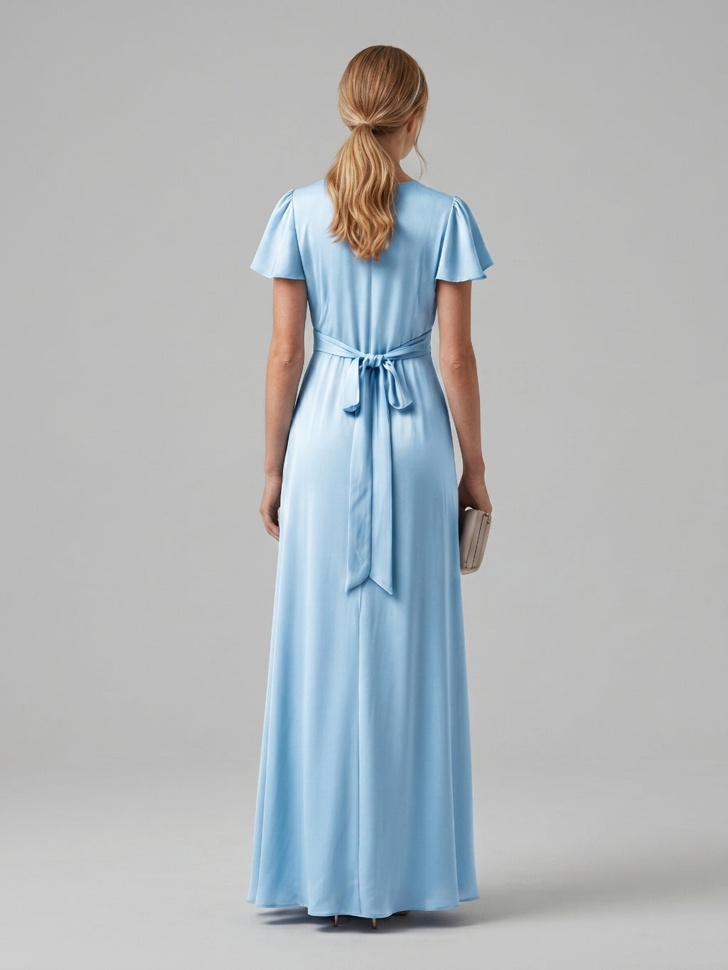Elegant Sky Blue Satin Sheath V-Neck Lace-up Ankle-Length Bridesmaid Dress