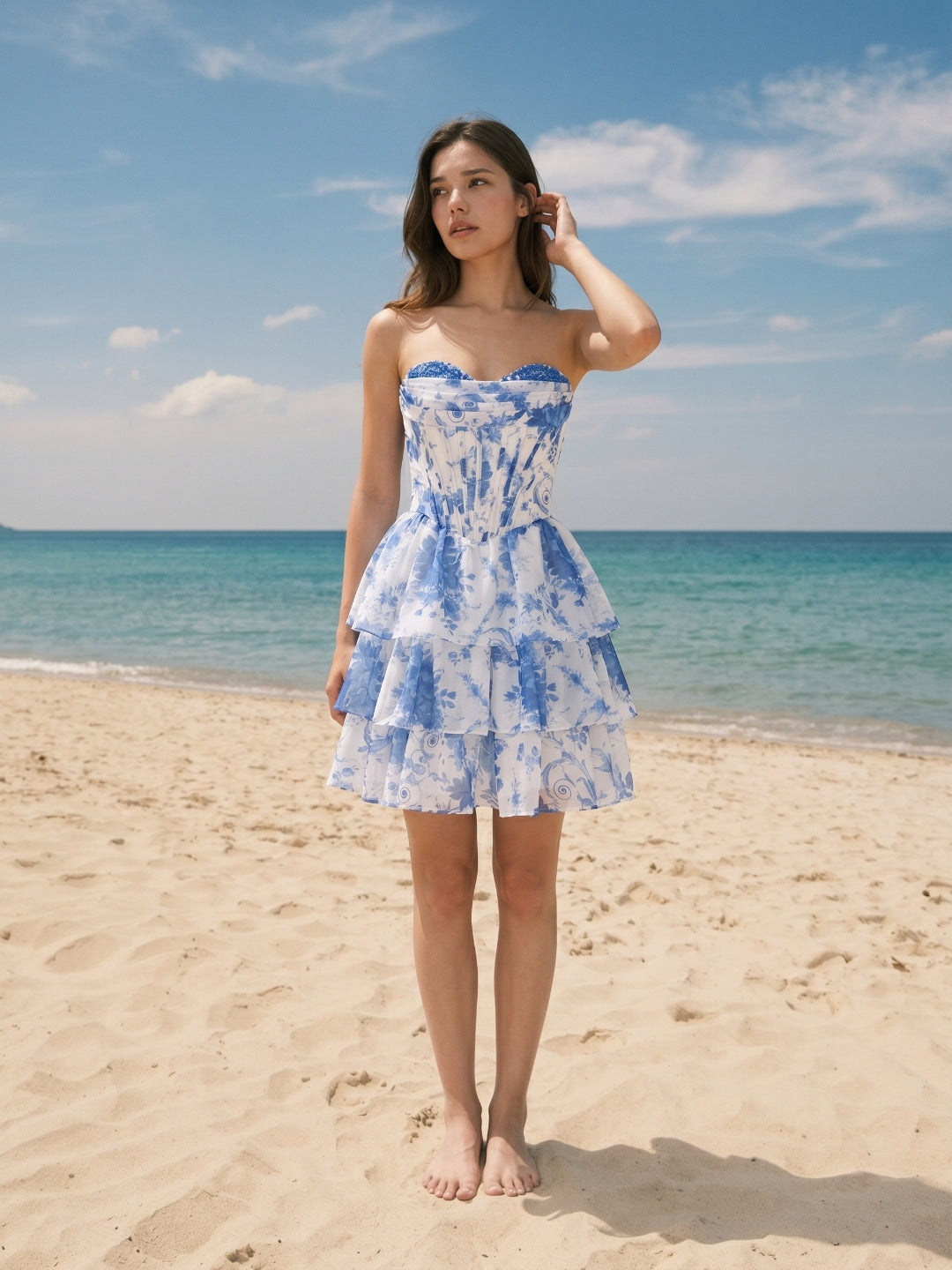 Slate Blue Chiffon A-Line Sweetheart Criss-Cross Straps Short Homecoming Dress with Ruffles