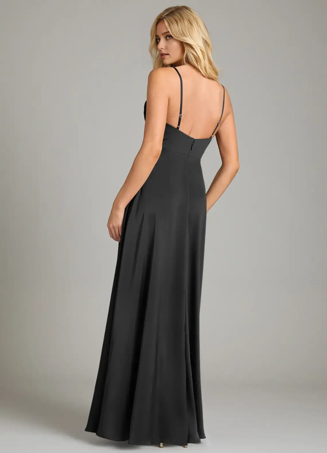 Sleek A-Line Satin V Neck Spaghetti Strap Open Back Floor Length Bridesmaid Dress