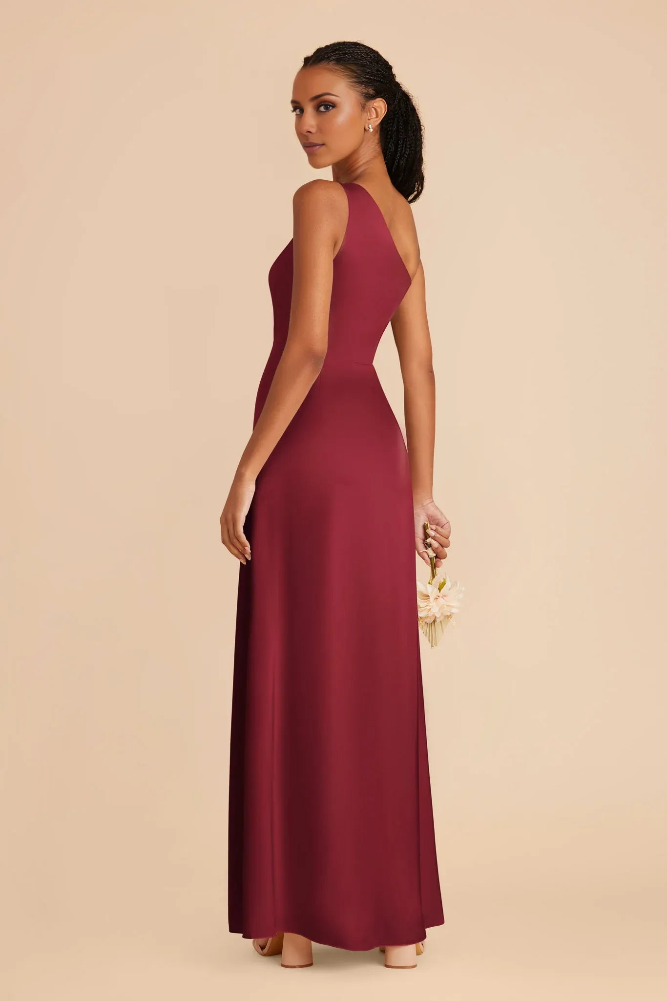 Sleek Fitted Satin One Shoulder Sleeveless Open Back Floor Length Bridesmaid Dresses