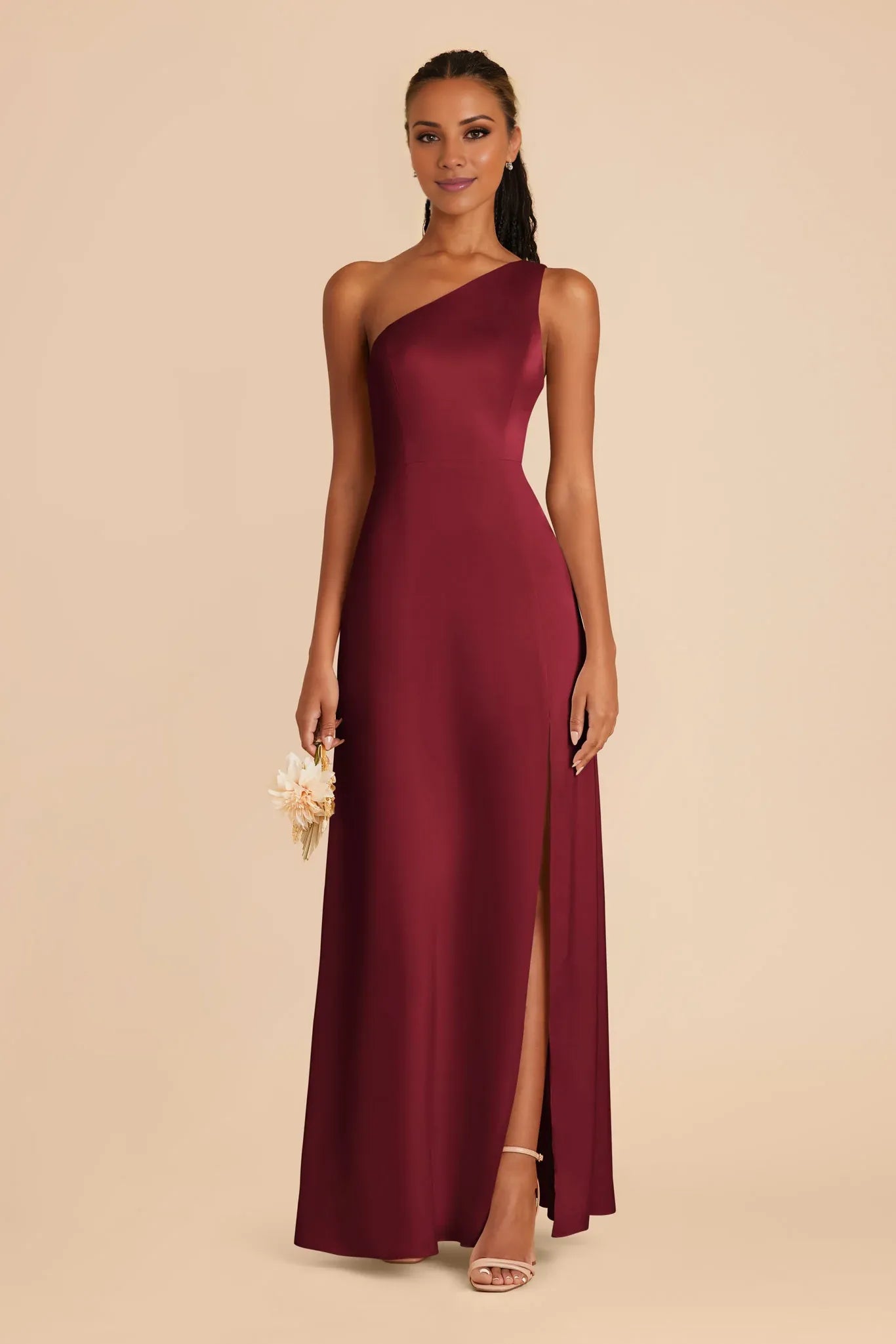 Sleek Fitted Satin One Shoulder Sleeveless Open Back Floor Length Bridesmaid Dresses