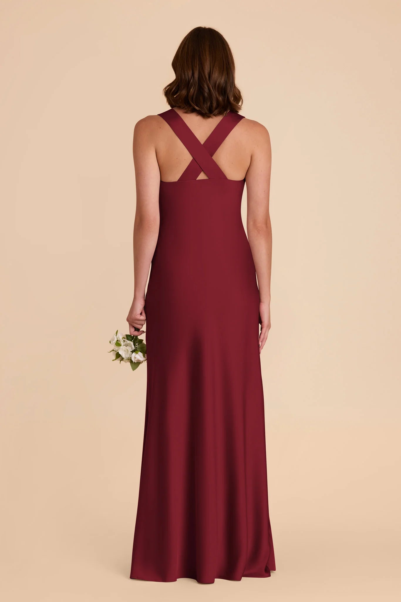 Sleek Fitted Satin V Neck Sleeveless Cross Back Floor Length Bridesmaid Dresses