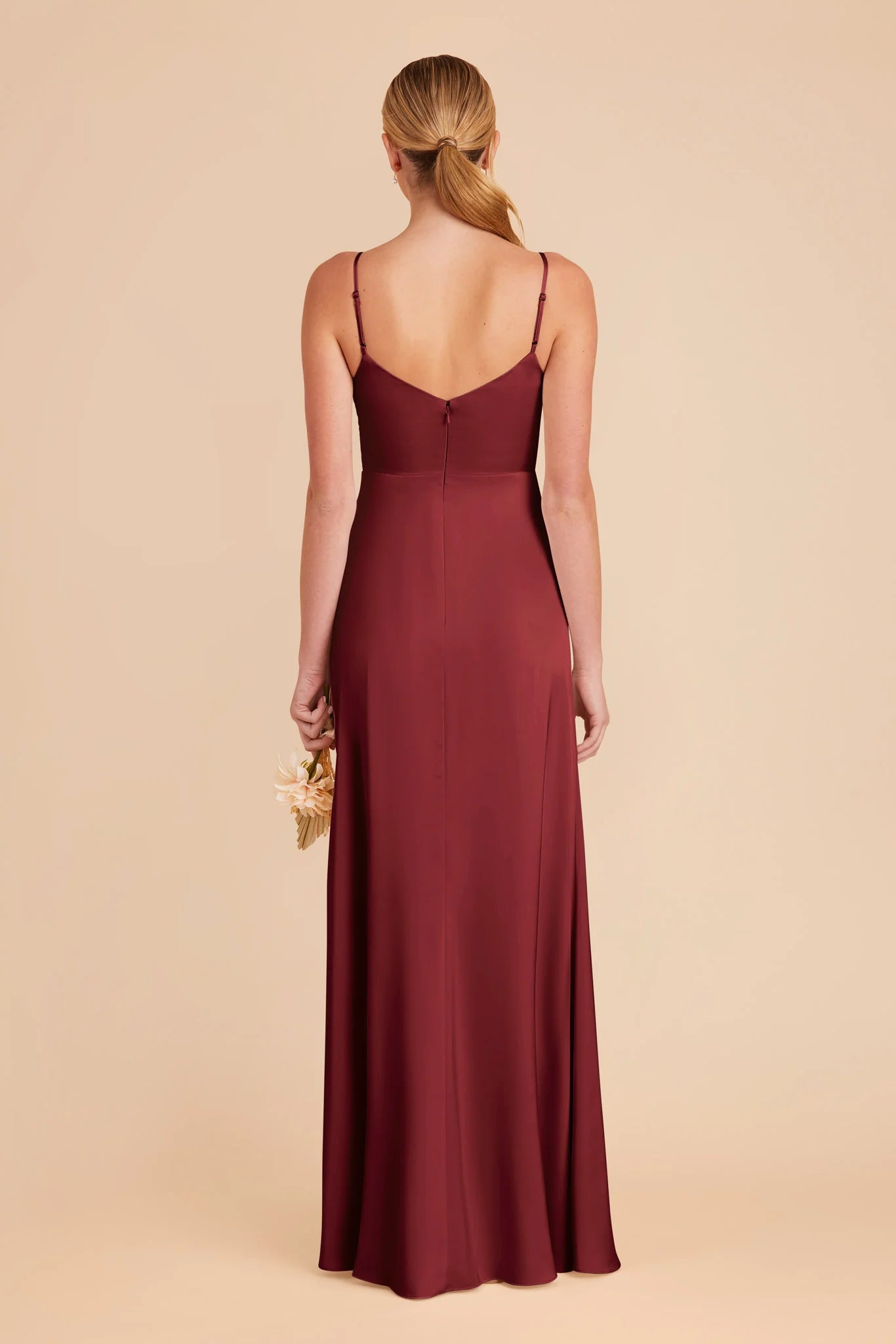 Sleek Fitted Satin V Neck Spaghetti Strap Open Back Floor Length Bridesmaid Dresses