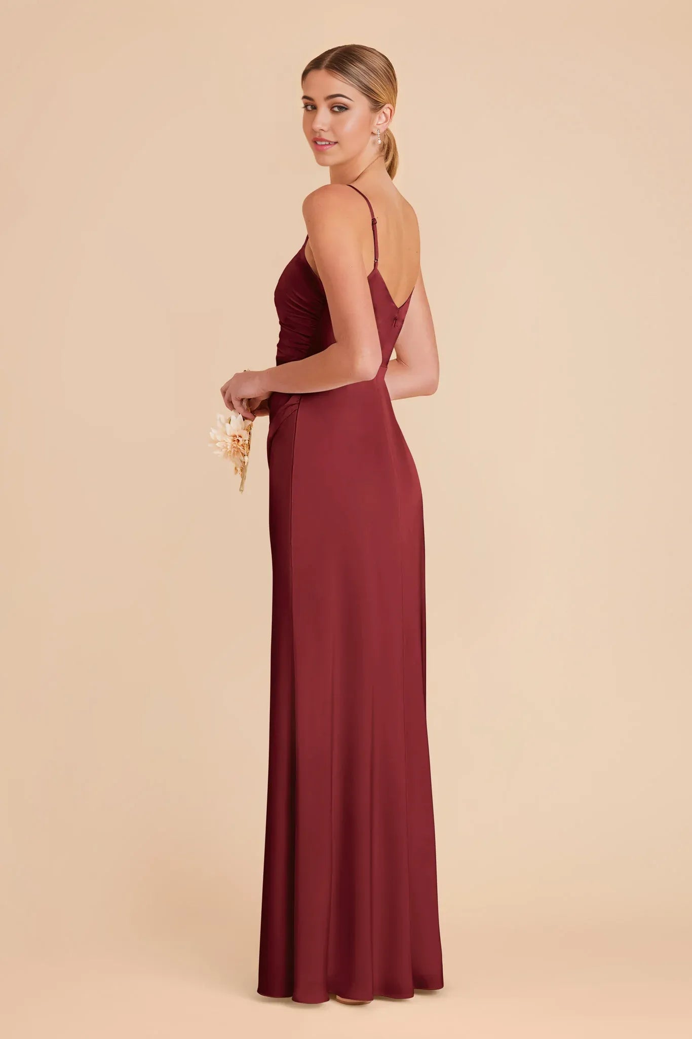 Sleek Fitted Satin V Neck Spaghetti Strap Open Back Floor Length Bridesmaid Dresses
