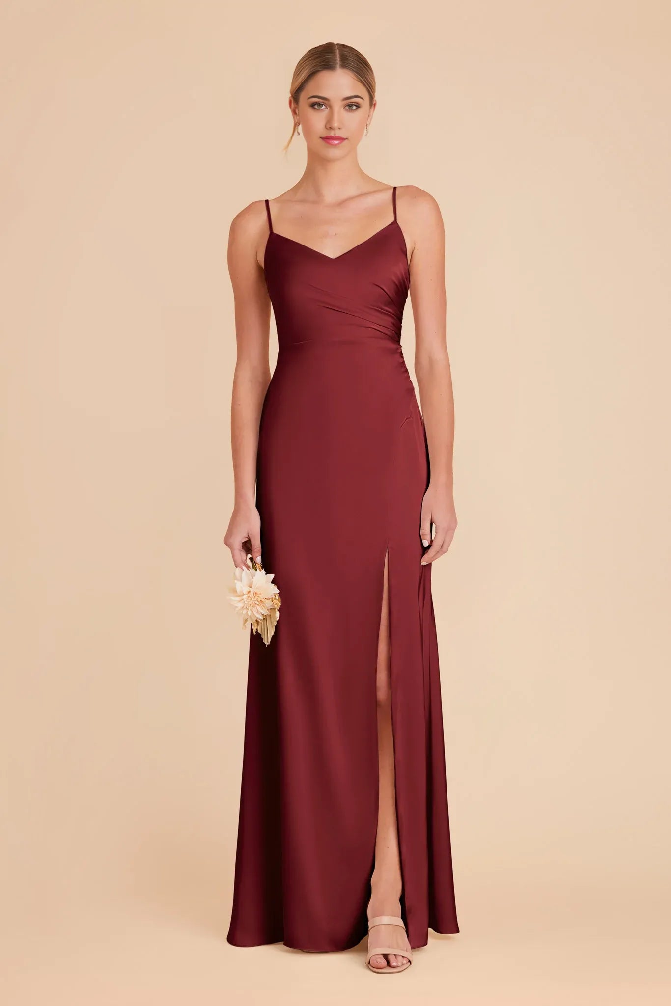 Sleek Fitted Satin V Neck Spaghetti Strap Open Back Floor Length Bridesmaid Dresses