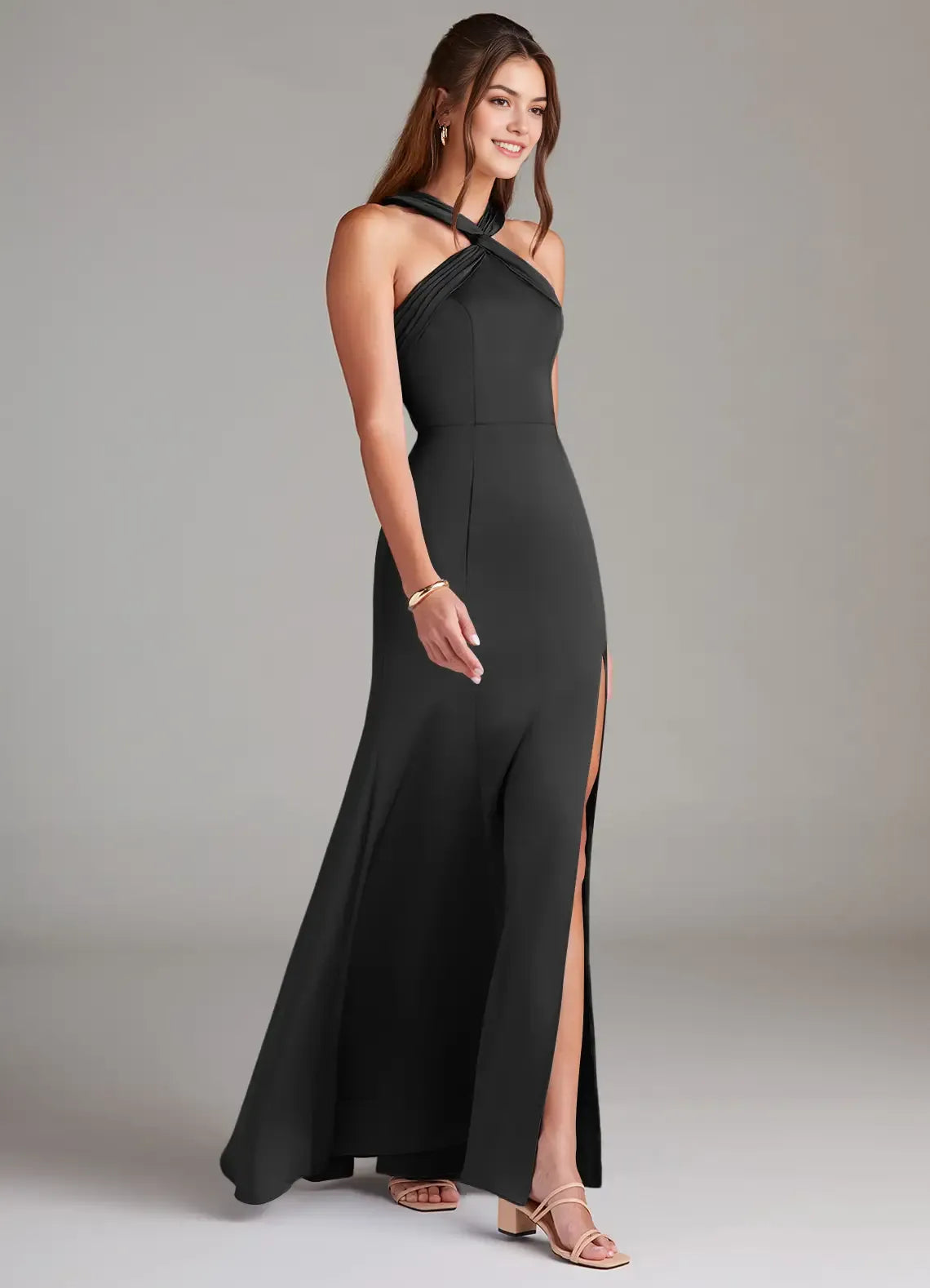 Sleek Mermaid Crepe Halter Neck Sleeveless Cross Cutout Back Floor Length Bridesmaid Dress