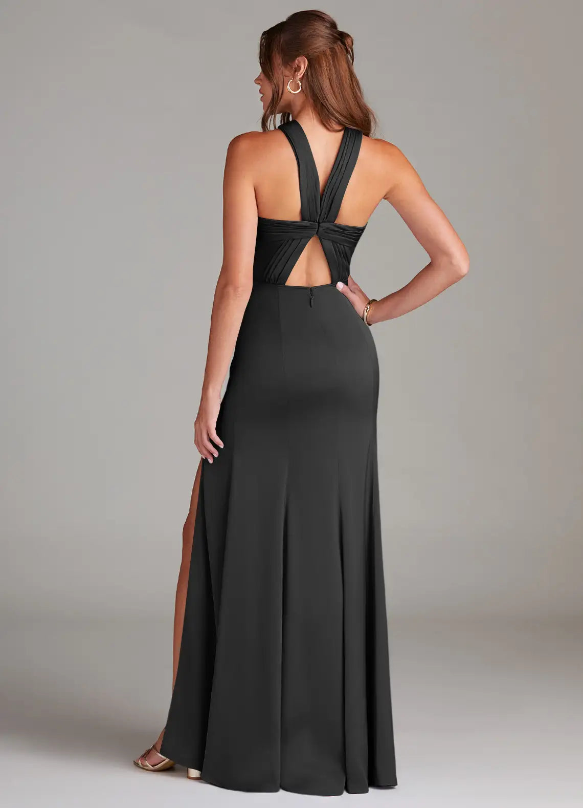 Sleek Mermaid Crepe Halter Neck Sleeveless Cross Cutout Back Floor Length Bridesmaid Dress