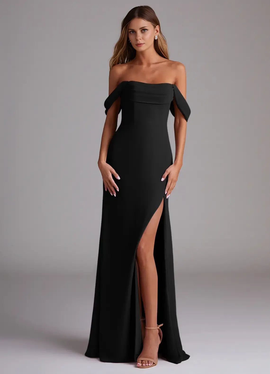 Sleek Mermaid Crepe Off-Shoulder Flutter Sleeve Zipper Back Floor Length Bridesmaid Dress