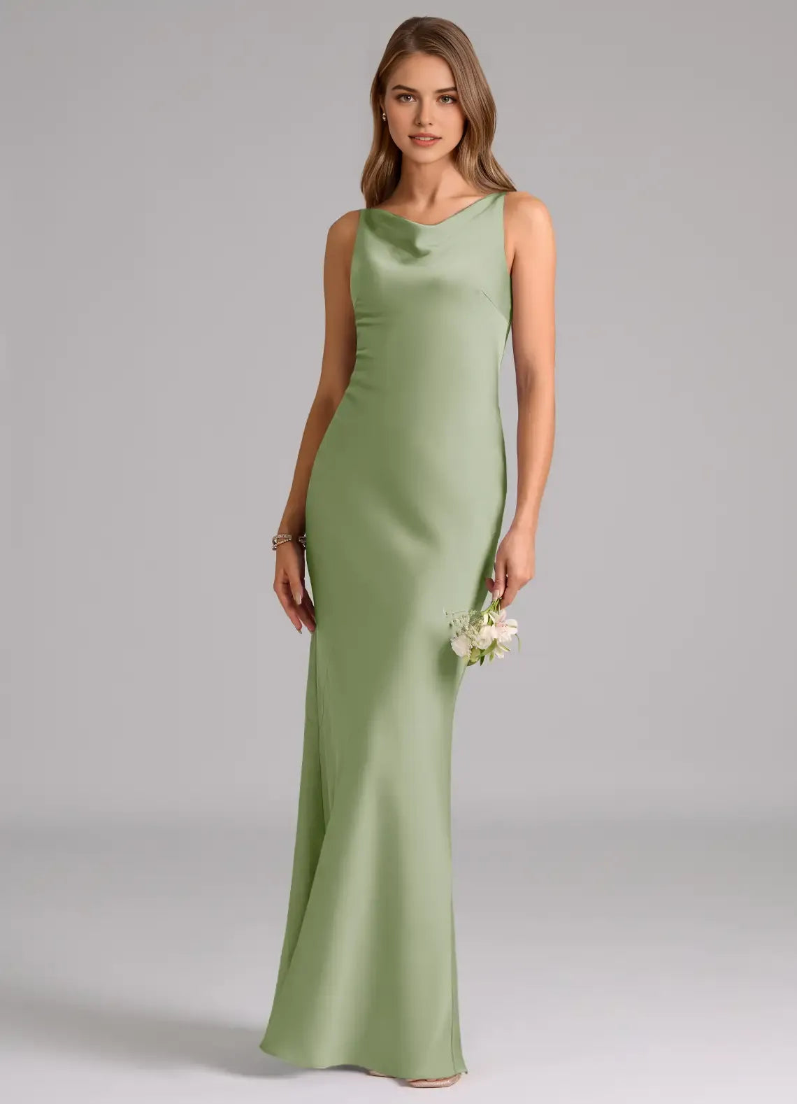 Sleek Mermaid Satin Cowl Neck Sleeveless Open Back Floor Length Bridesmaid Dress