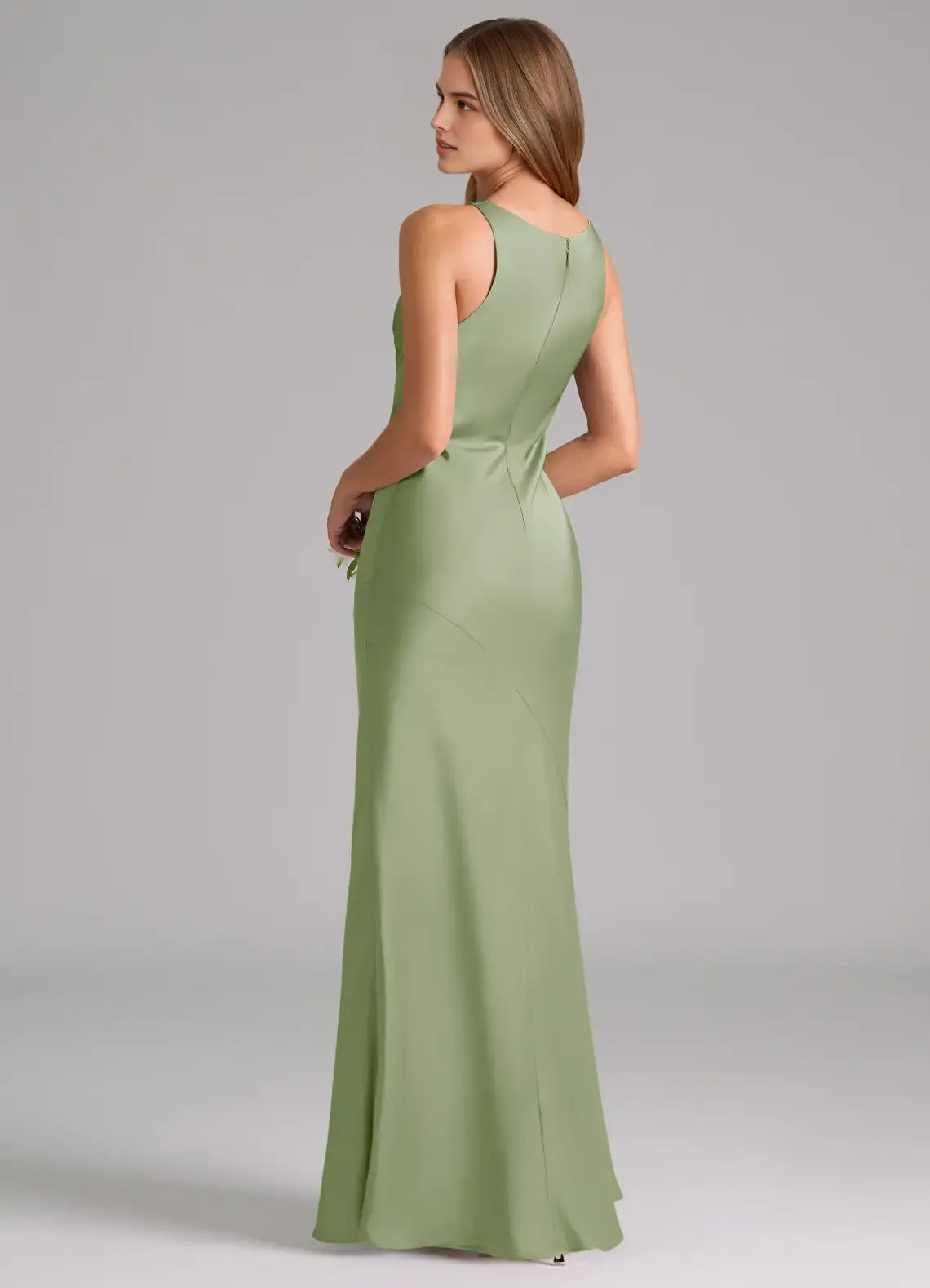 Sleek Mermaid Satin Cowl Neck Sleeveless Open Back Floor Length Bridesmaid Dress