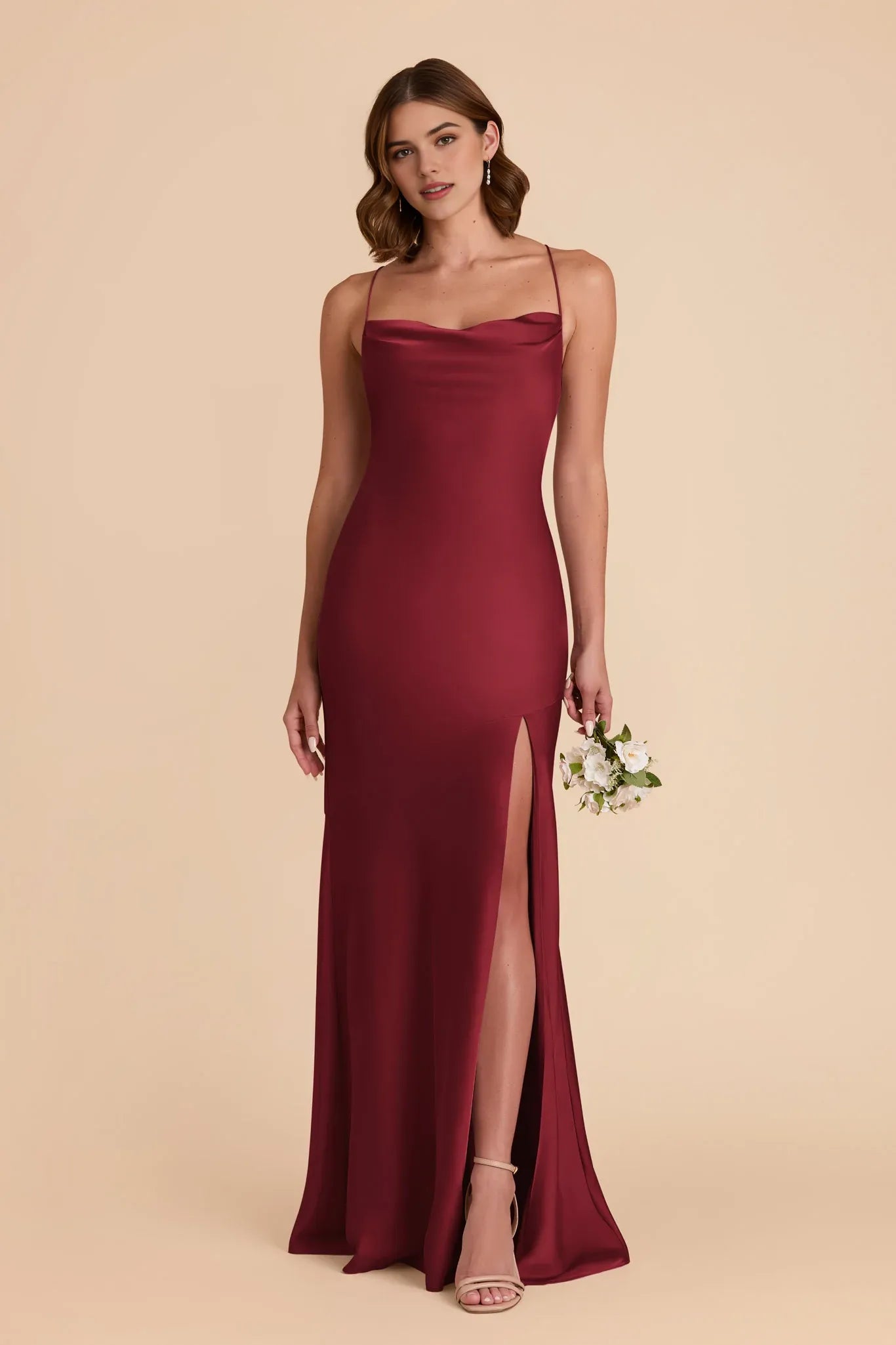Sleek Mermaid Satin Cowl Neck Spaghetti Strap Crisscross Back Floor Length Bridesmaid Dress