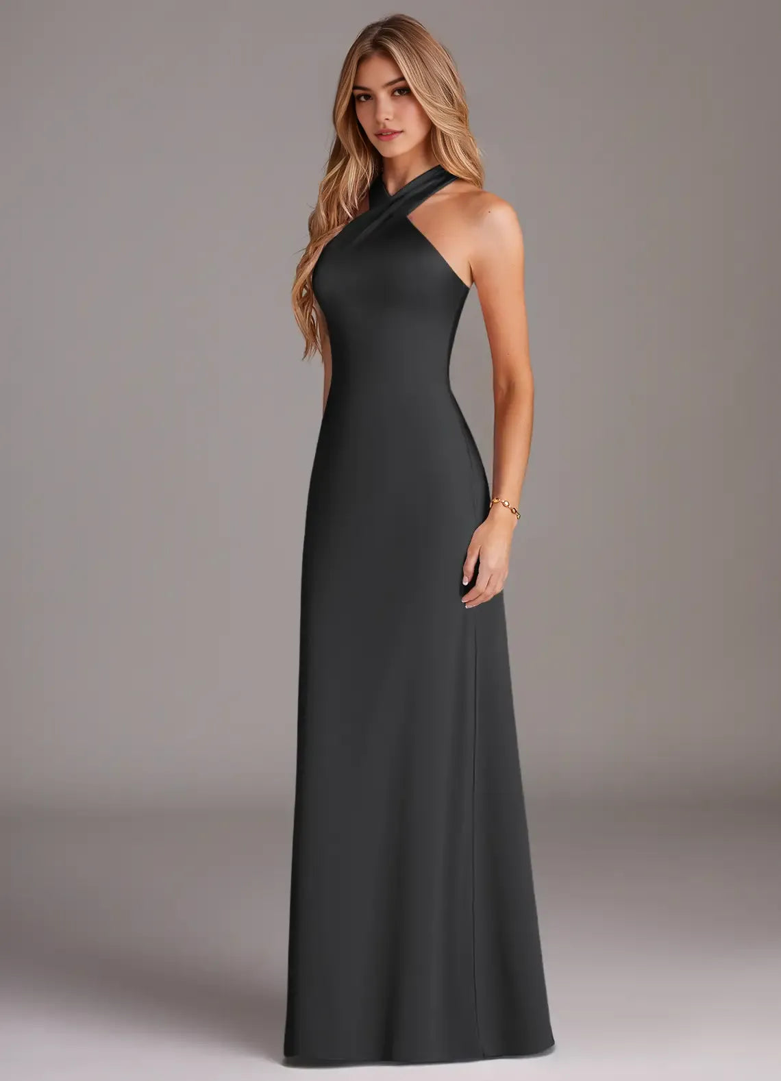 Sleek Mermaid Satin Halter Neck Sleeveless Bow Back Floor Length Bridesmaid Dress
