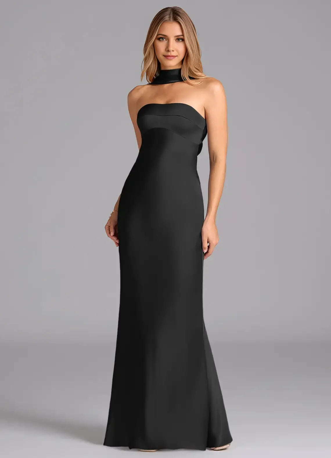 Sleek Mermaid Satin Halter Neck Sleeveless Deep V Back Floor Length Bridesmaid Dress