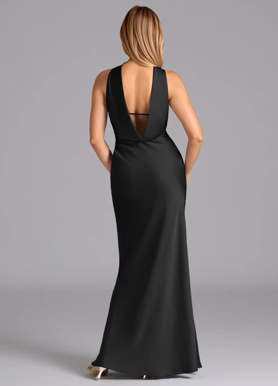 Sleek Mermaid Satin Halter Neck Sleeveless Deep V Back Floor Length Bridesmaid Dress